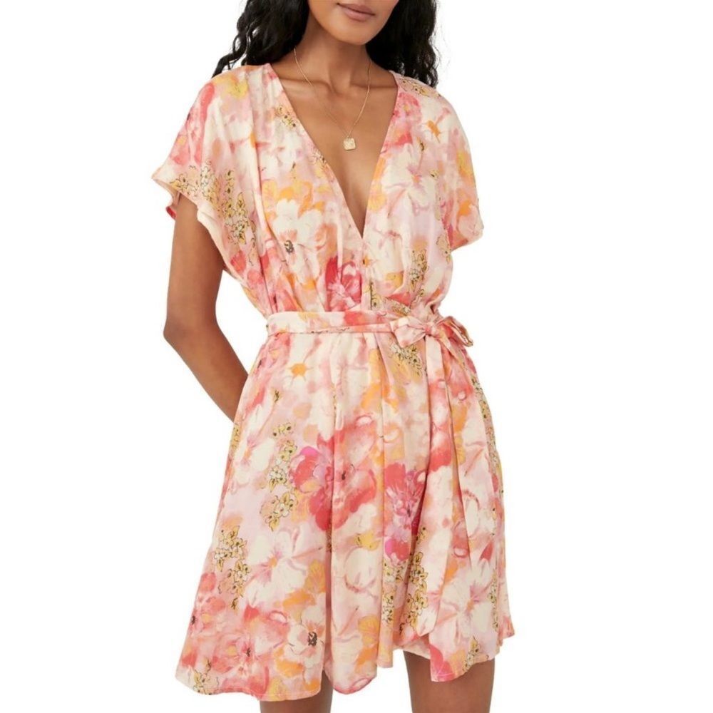 FREE PEOPLEโFreddy Tie Waist Minidress Watercolor Floral Print Pink Womenโs XS